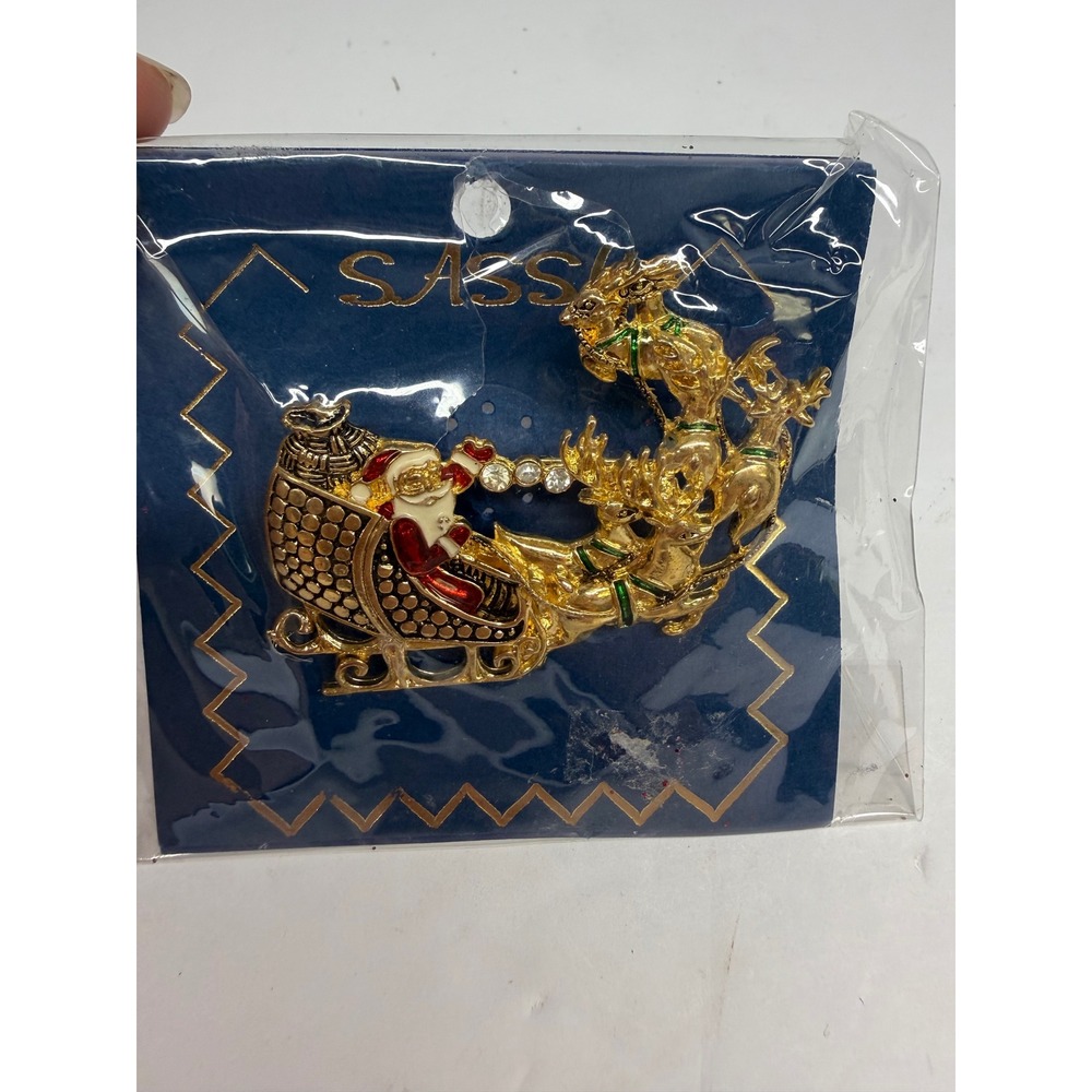 Sassy Santa Sleigh Reindeer Christmas Brooch Gold Tone Enamel Rhinestone Pin NEW